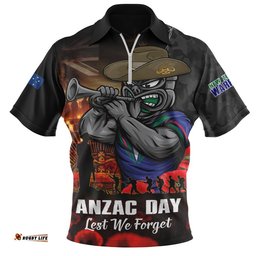 New Zealand Warriors Zip Polo Shirt Anzac Day Rising Dawn Ceremony Lest We Forget Courage