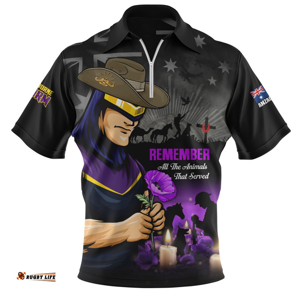 Melbourne Storm Zip Polo Shirt Anzac Day Purple Poppy And Animals That Served