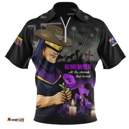 Melbourne Storm Zip Polo Shirt Anzac Day Purple Poppy And Animals That Served