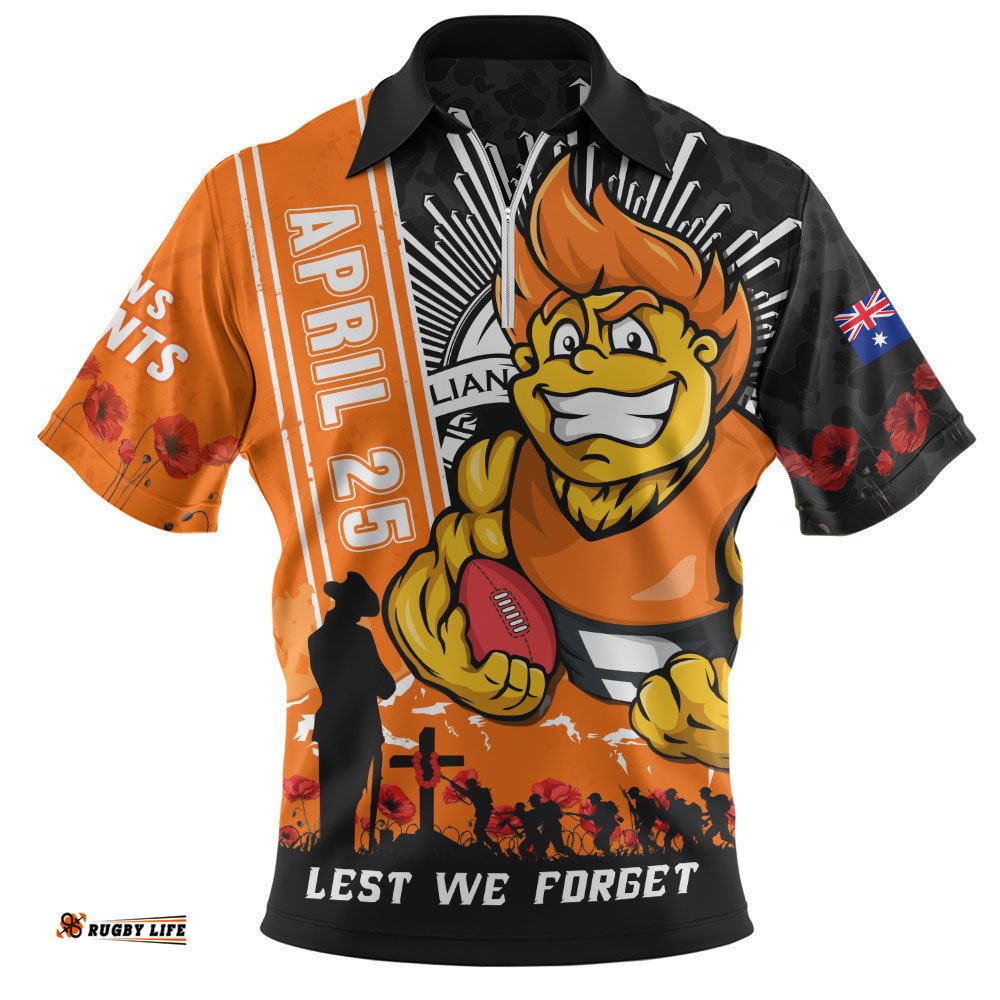 GWS GIANTS Zip Polo Shirt Anzac Day Lest We Forget Memorial