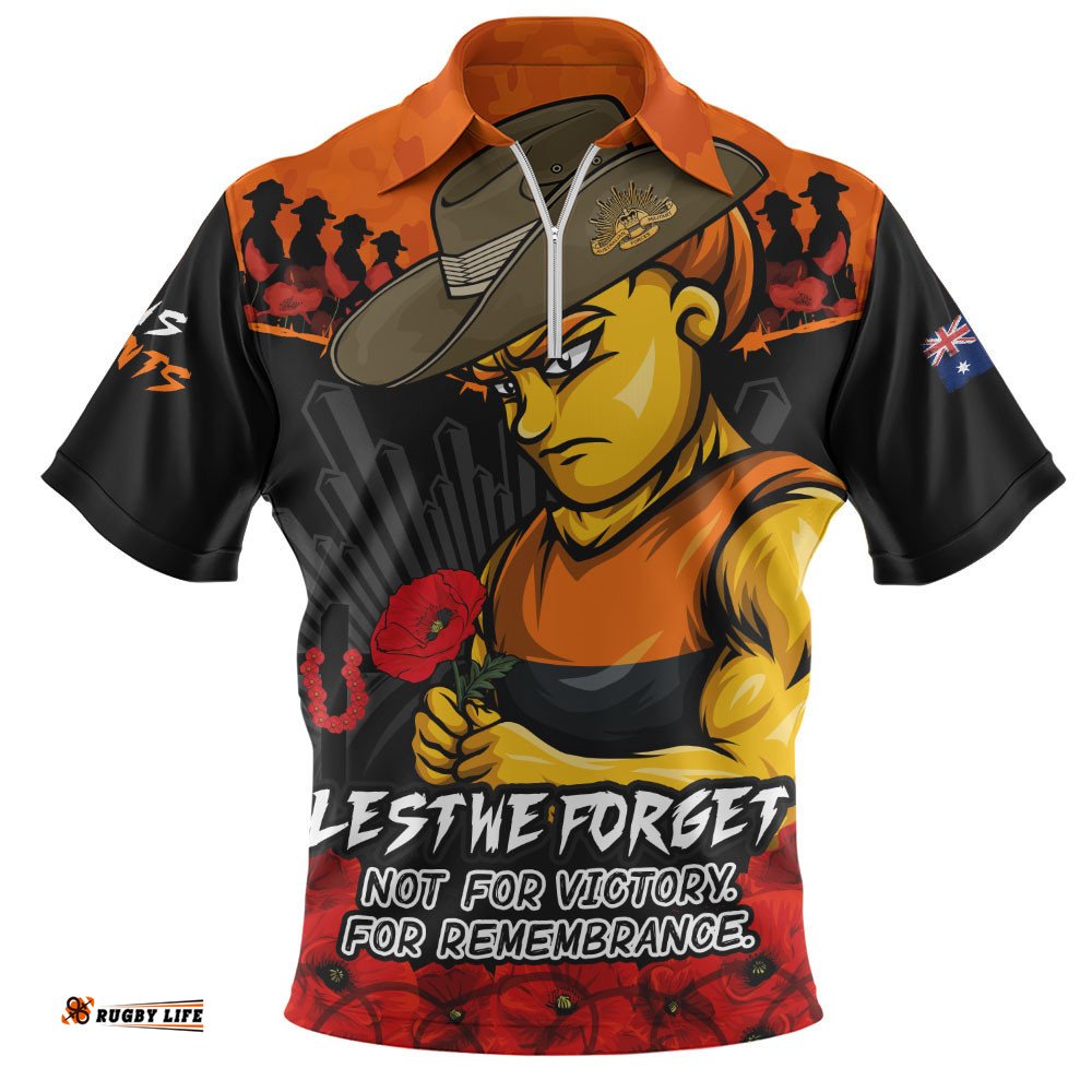 GWS GIANTS Zip Polo Shirt ANZAC Day Not For Victory For Remembrance