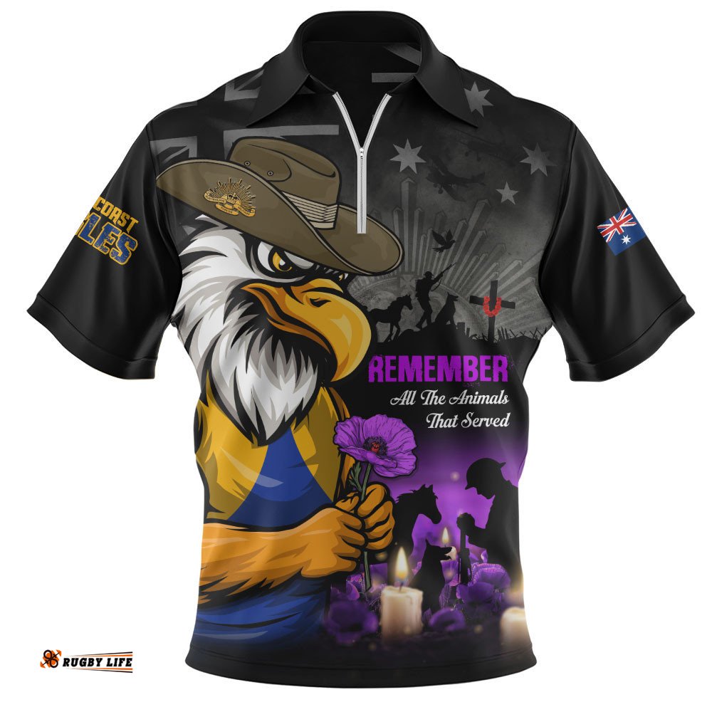 West Coast Eagles Zip Polo Shirt Anzac Day In Memory Of Animals That Served