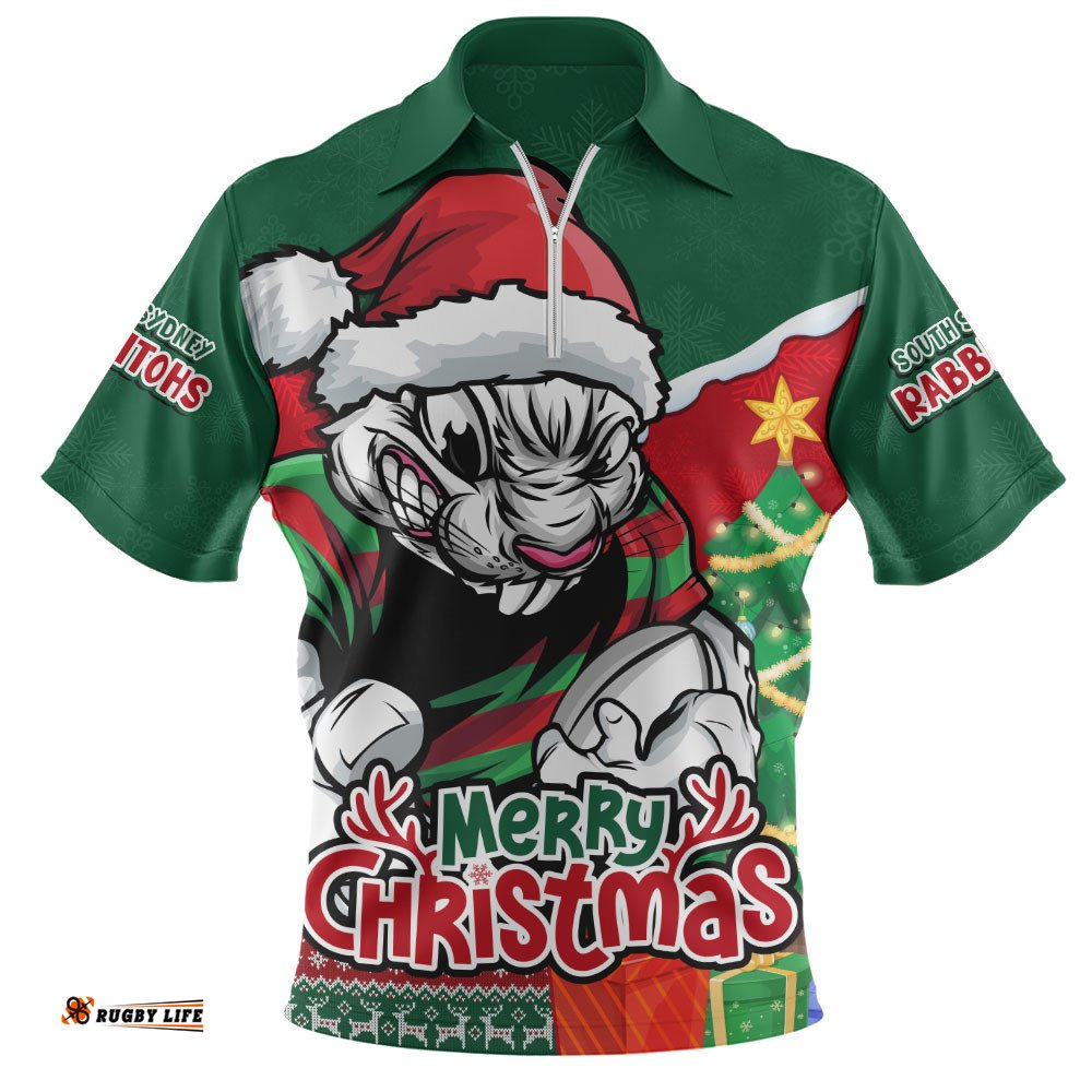 South Sydney Rabbitohs Zip Polo Shirt Santa Scoring Touchdown On Christmas Game Day