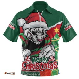 South Sydney Rabbitohs Zip Polo Shirt Santa Scoring Touchdown On Christmas Game Day