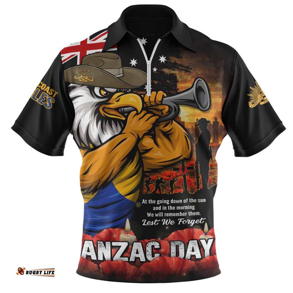 West Coast Eagles Zip Polo Shirt Anzac Day Dawn Of Courage Eternal Tribute