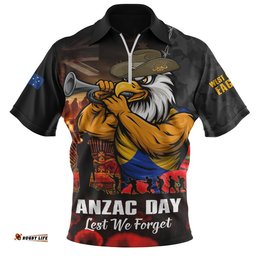 West Coast Eagles Zip Polo Shirt ANZAC Day Lest We Forget Red Poppy And Honor The Brave Tribute