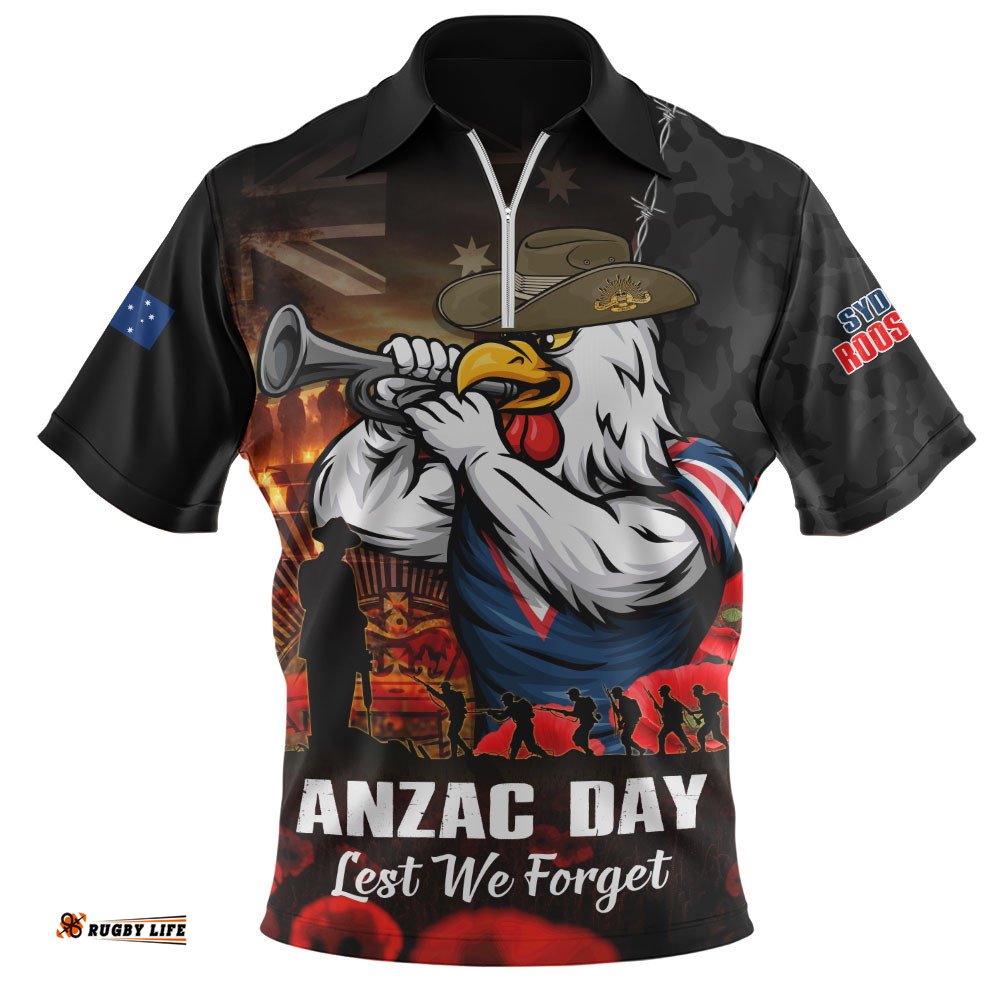 Sydney Roosters Zip Polo Shirt Anzac Day Rising Dawn Ceremony Lest We Forget Courage