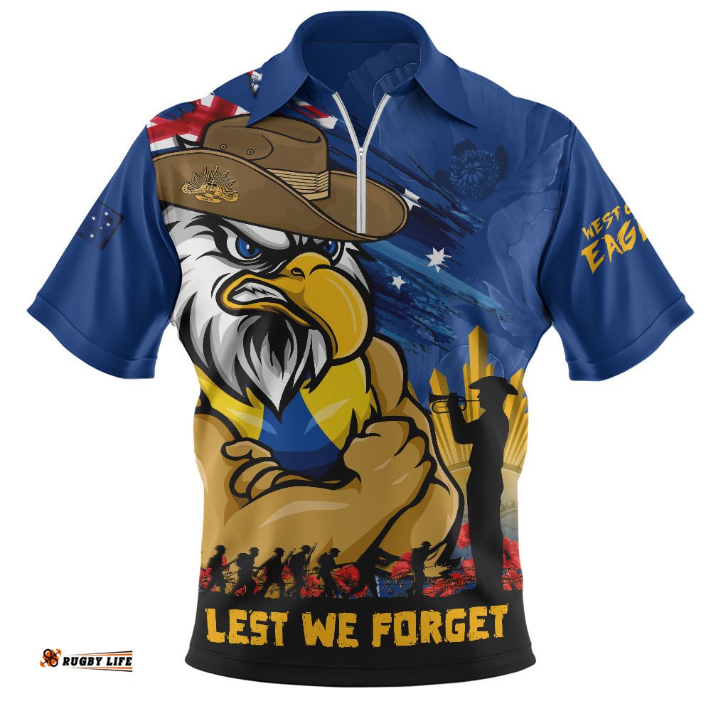 West Coast Eagles Zip Polo Shirt ANZAC Inspired Football Fan Memorial Design