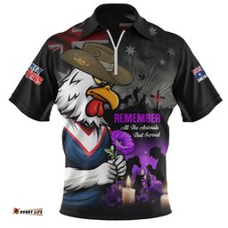 Sydney Roosters Zip Polo Shirt Anzac Day Purple Poppy And Animals That Served
