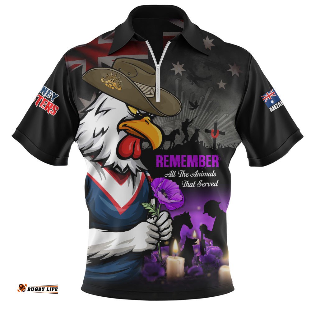 Sydney Roosters Zip Polo Shirt Anzac Day Purple Poppy And Animals That Served