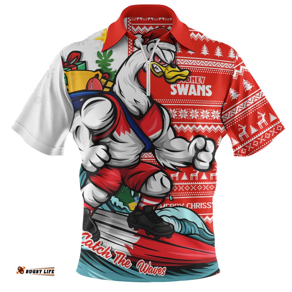 Sydney Swans Zip Polo Shirt Christmas Holiday Santa Rides The Waves