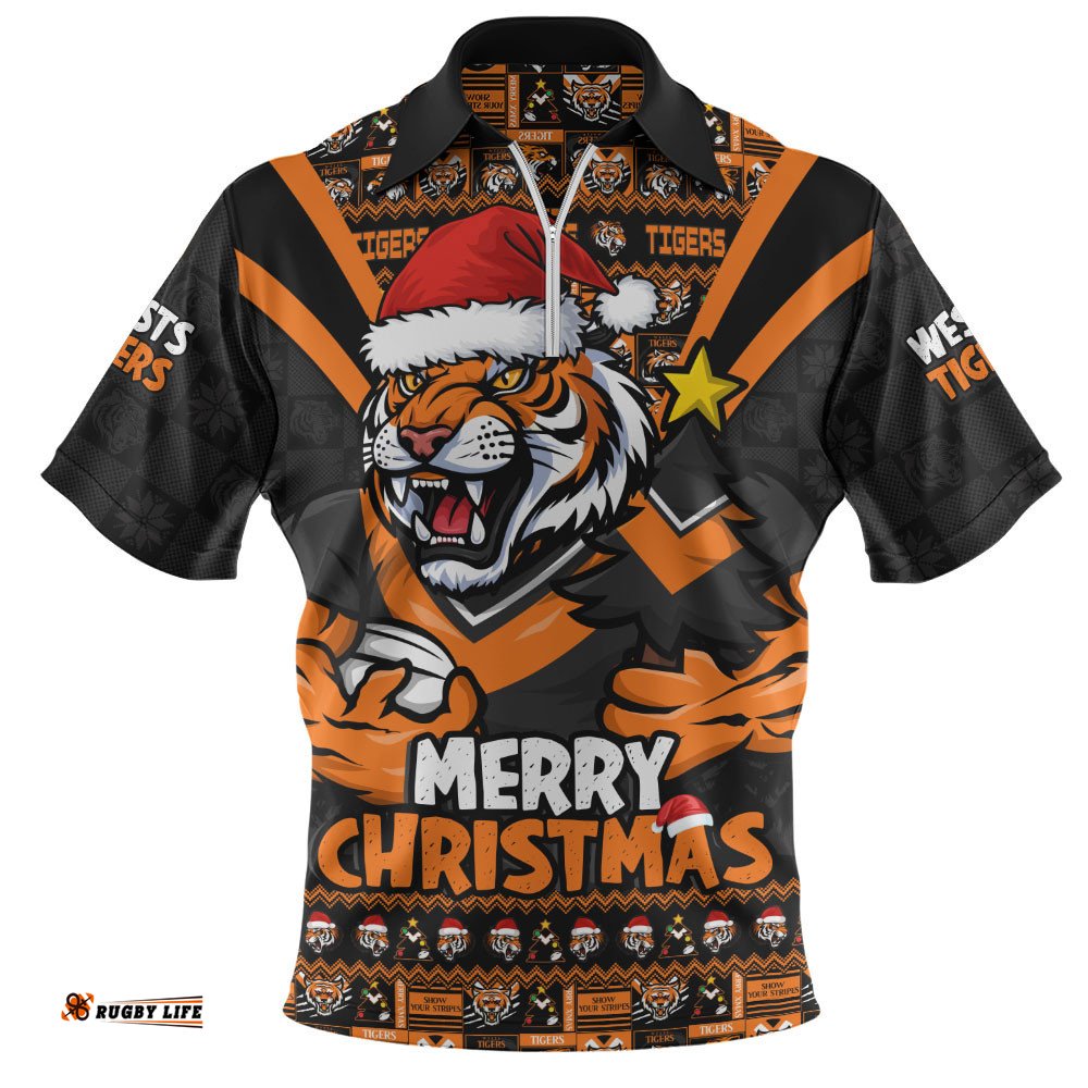 Wests Tigers Zip Polo Shirt Merry Christmas Festive Spirit Edition