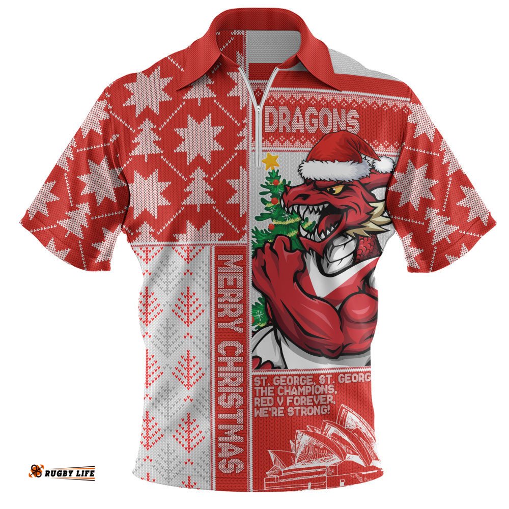 St. George Illawarra Dragons Zip Polo Shirt Christmas Magic Knit Style Winter Glow