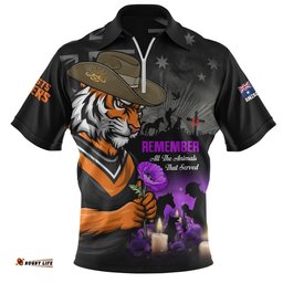 Wests Tigers Zip Polo Shirt Anzac Day Purple Poppy And Animals That Served