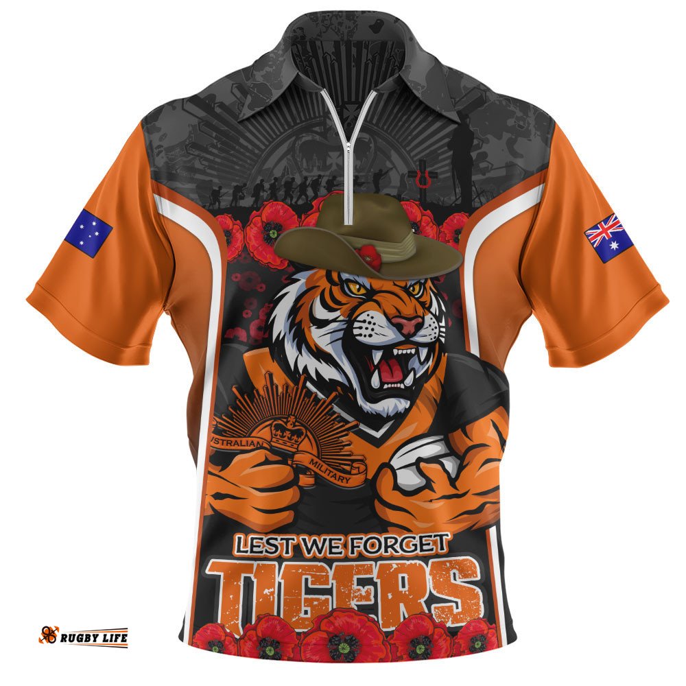 Wests Tigers Zip Polo Shirt Lest We Forget In Honor And Remembrance