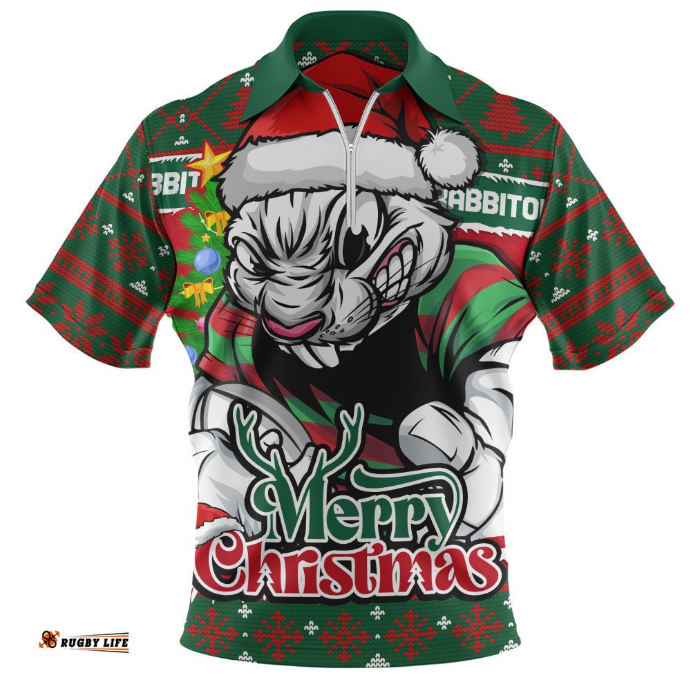 South Sydney Rabbitohs Zip Polo Shirt Merry Christmas Game Day Knit Style Team Edition