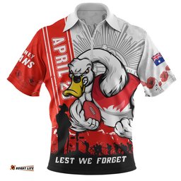 Sydney Swans Zip Polo Shirt Anzac Day Lest We Forget Memorial