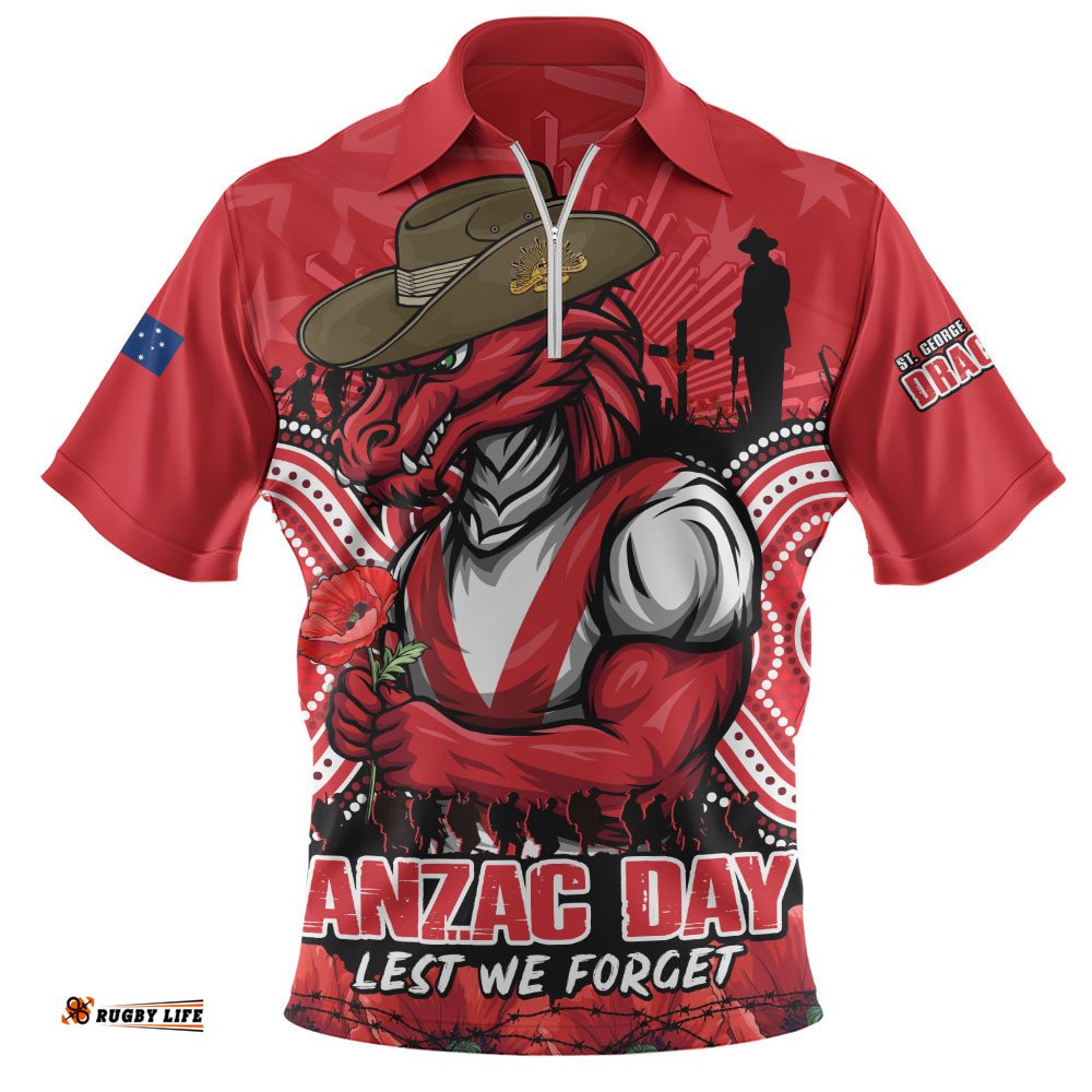 St. George Illawarra Dragons Zip Polo Shirt Anzac Day Pride Of Service Eternal Memory