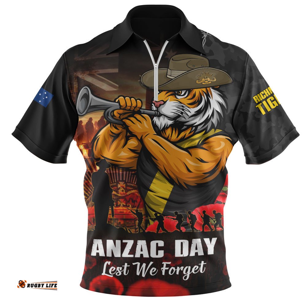Richmond Zip Polo Shirt ANZAC Day Lest We Forget Red Poppy And Honor The Brave Tribute