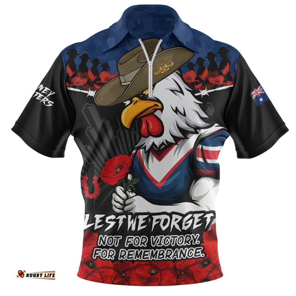 Sydney Roosters Zip Polo Shirt ANZAC Day Red Poppy And Brave Hearts Remembrance