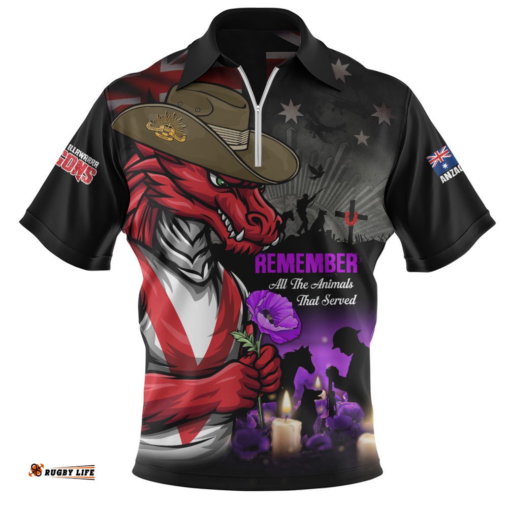 St. George Illawarra Dragons Zip Polo Shirt Anzac Day Purple Poppy And Animals That Served