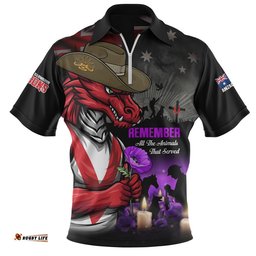 St. George Illawarra Dragons Zip Polo Shirt Anzac Day Purple Poppy And Animals That Served