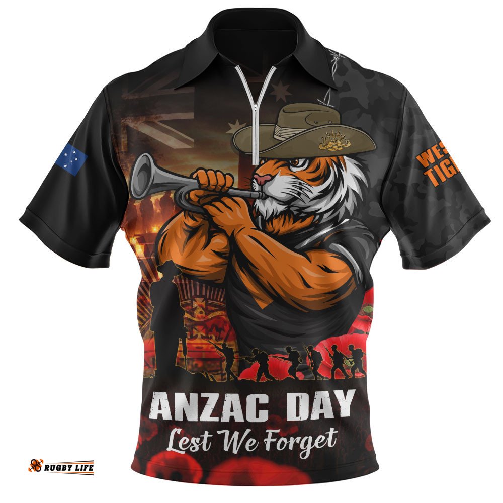Wests Tigers Zip Polo Shirt Anzac Day Rising Dawn Ceremony Lest We Forget Courage