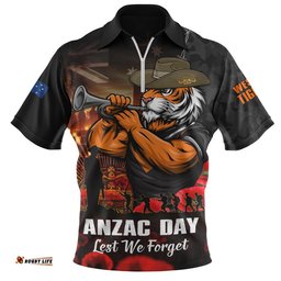 Wests Tigers Zip Polo Shirt Anzac Day Rising Dawn Ceremony Lest We Forget Courage