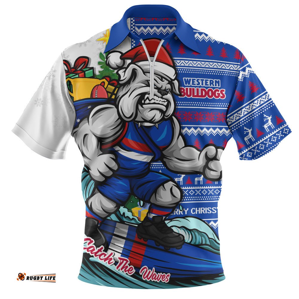 Western Bulldogs Zip Polo Shirt Christmas Holiday Santa Rides The Waves