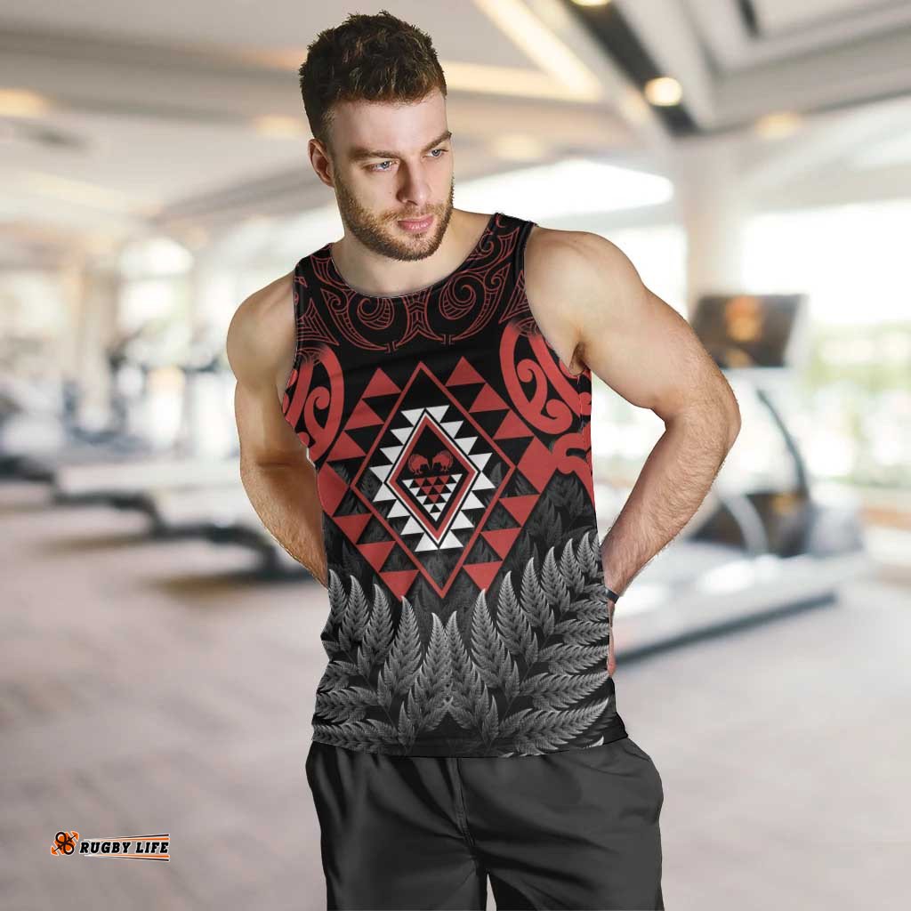 Aotearoa Kiwi Taniko Men Tank Top Silver Fern With Maori Koru Pattern LT14