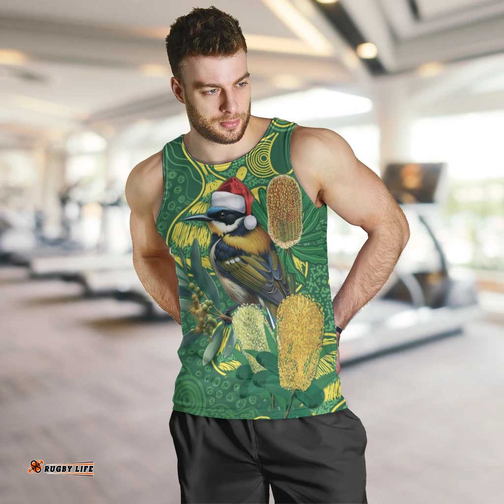 Aussie Honeyeaters Banksia Christmas Men Tank Top Aboriginal Dots Painting Green Motif LT9