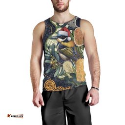 Aussie Honeyeaters Banksia Christmas Men Tank Top Aboriginal Dots Painting Blue Motif LT9