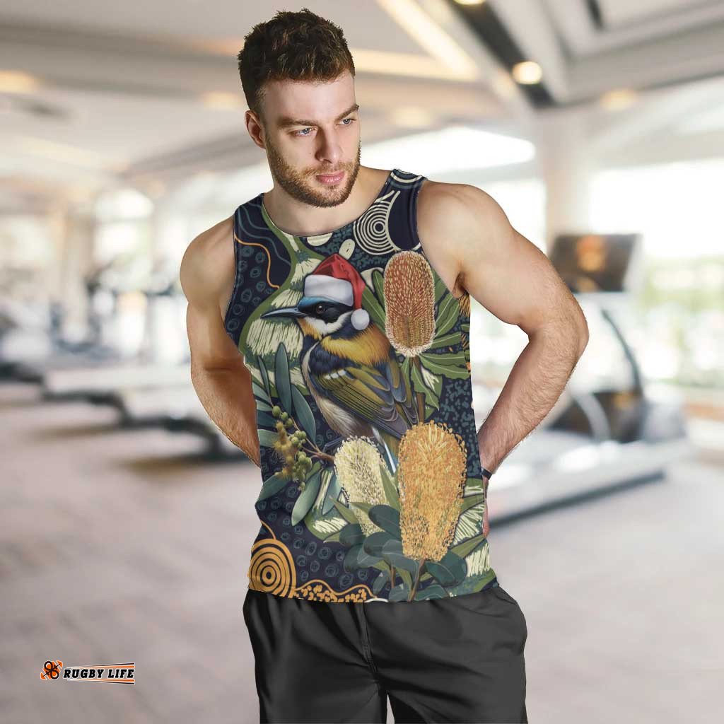 Aussie Honeyeaters Banksia Christmas Men Tank Top Aboriginal Dots Painting Blue Motif LT9