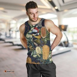 Aussie Honeyeaters Banksia Christmas Men Tank Top Aboriginal Dots Painting Blue Motif LT9