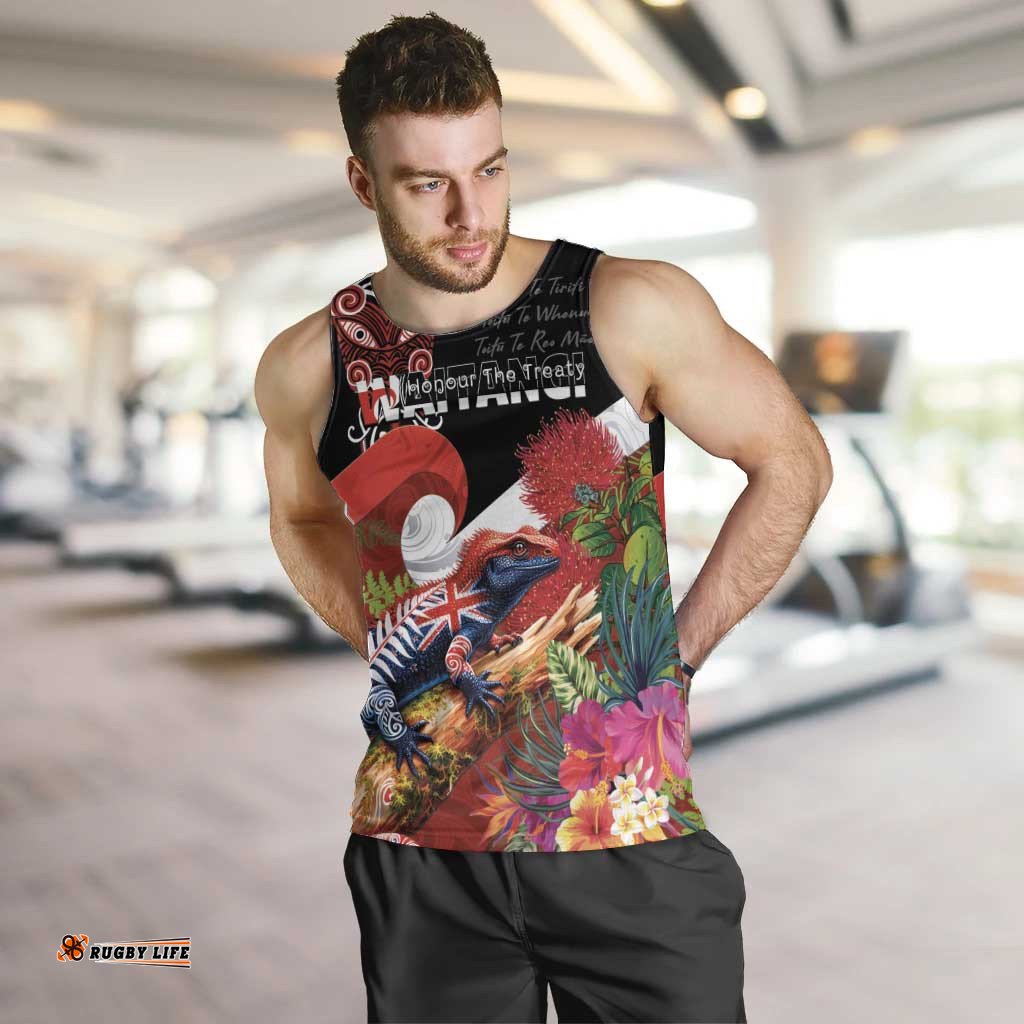Aotearoa Toitu Te Tiriti Men Tank Top Waitangi-Honour The Treaty NZ Tuatara and Plants LT03