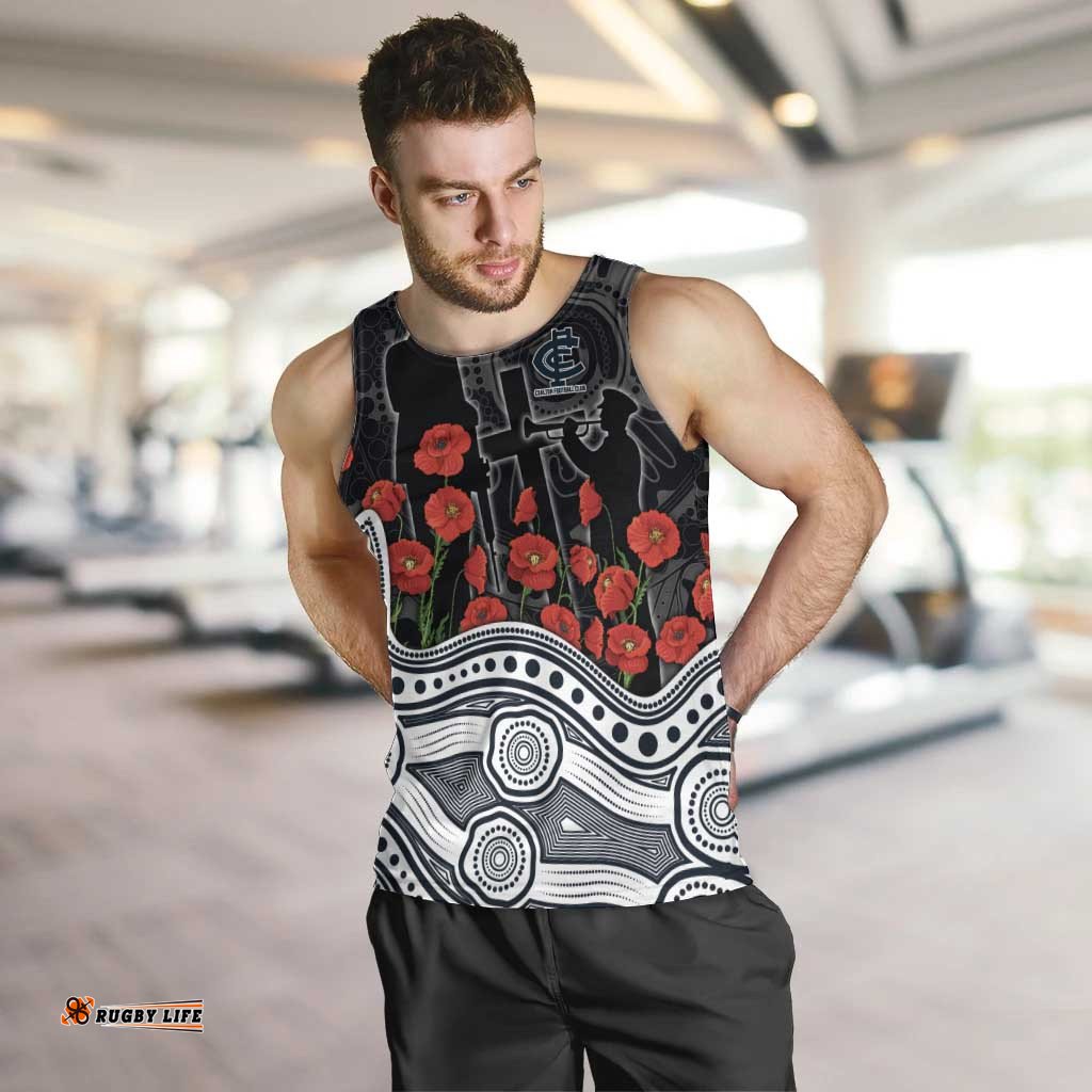 Carlton Blues ANZAC Day Men Tank Top Indigenous Dot Art with Poppy Flower Tribute TS04