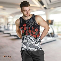 Carlton Blues ANZAC Day Men Tank Top Indigenous Dot Art with Poppy Flower Tribute TS04