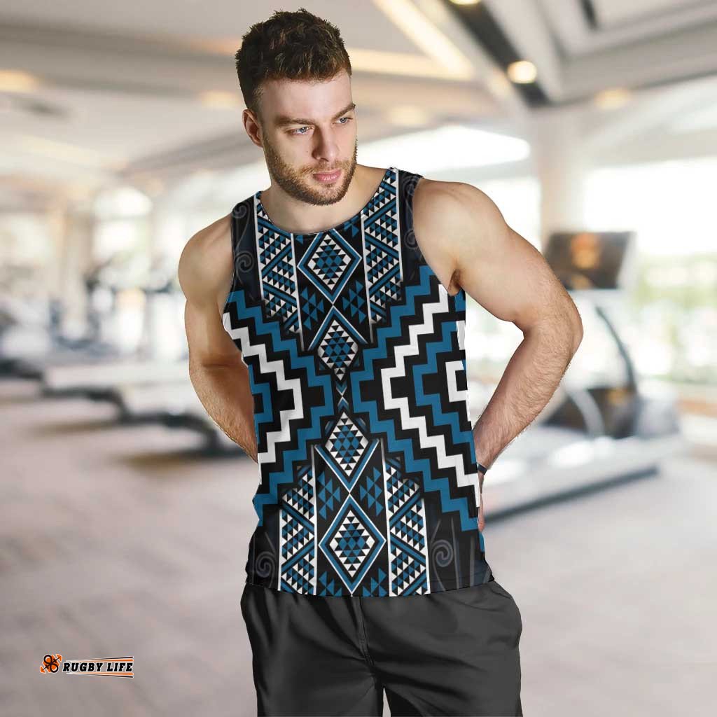 Azure Tukutuku Pattern Aotearoa Men Tank Top Niho Taniwha and Puhoro Motifs LT7