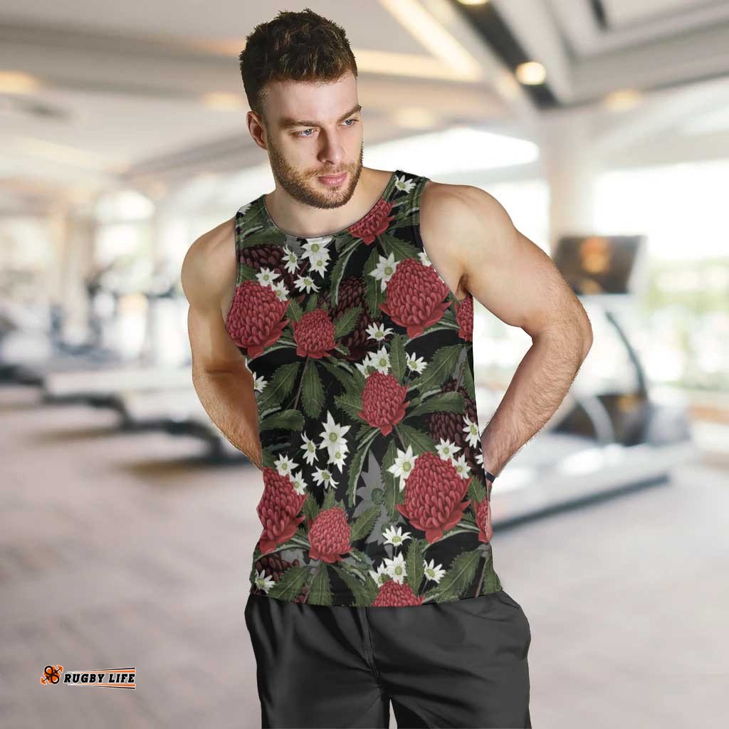 Australia Waratah Flannel Flower Men Tank Top Aussie Native Flowers Seamless Stylized LT14