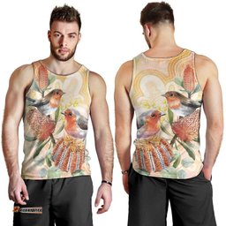 Australia Flame Robin Men Tank Top Petroica Phoenicea Banksia Indigenous Art LT14