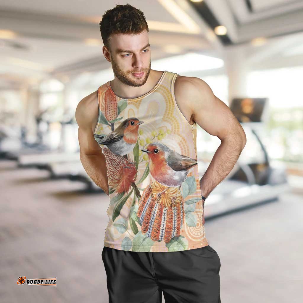 Australia Flame Robin Men Tank Top Petroica Phoenicea Banksia Indigenous Art LT14