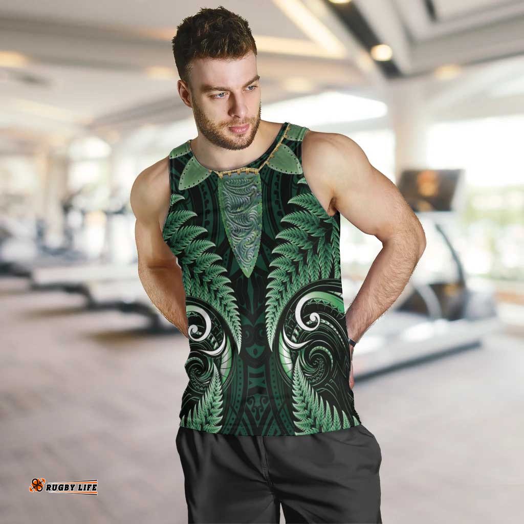 Aotearoa Pounamu Niho Men Tank Top Silver Fern Mix Maori Pattern - Green LT14