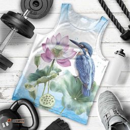 Australia Azure Kingfisher Men Tank Top Ceyx Azureus Sacred Lotus Watercolor LT14