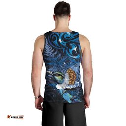 Aotearoa Matariki Men Tank Top Maori Tribal with Silver Fern and Tui Bird Galaxy Style LT03