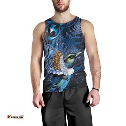 Aotearoa Matariki Men Tank Top Maori Tribal with Silver Fern and Tui Bird Galaxy Style LT03