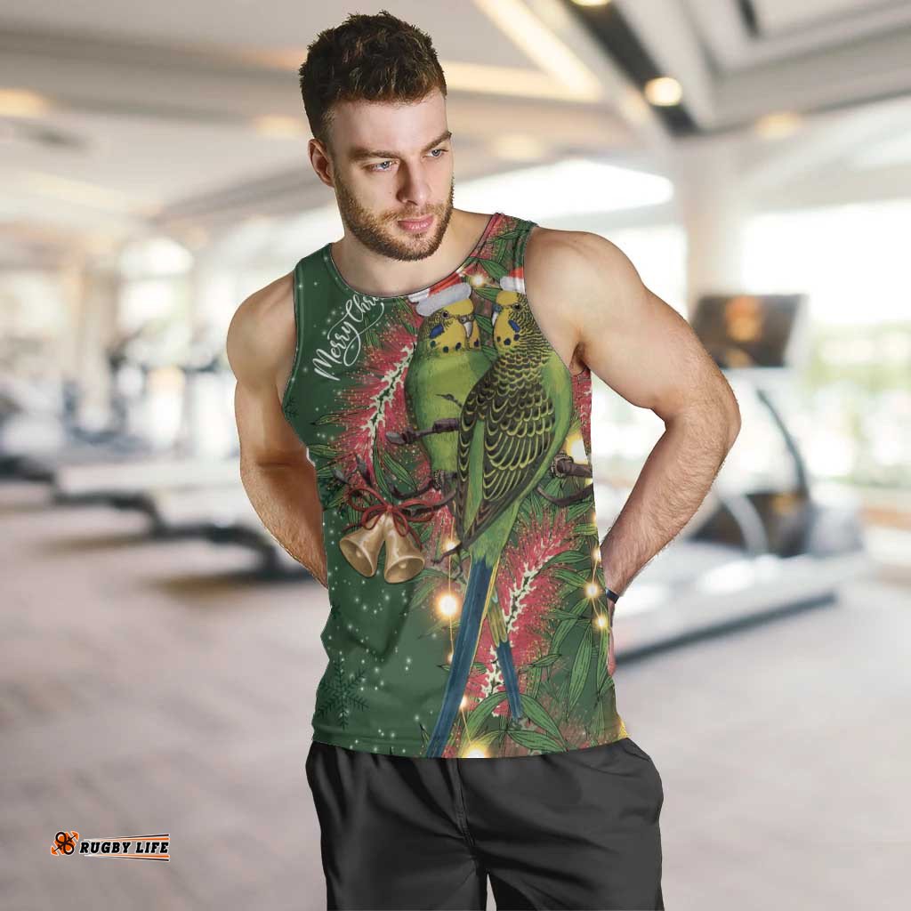 Green Budgerigars on Callistemon Men Tank Top Merry Christmas Aussie LT7