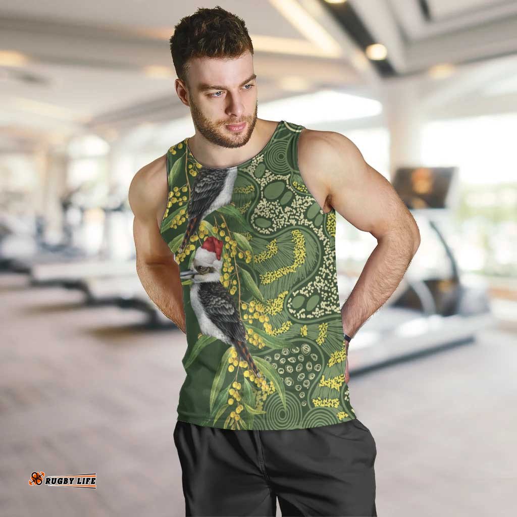 Aussie Kokaburra Golden Wattle Christmas Men Tank Top Aboriginal Dots Painting Green Motif LT9
