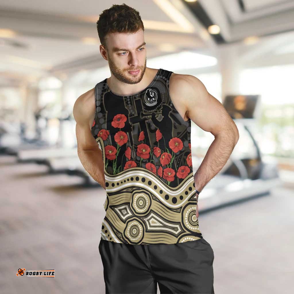 Collingwood Magpies ANZAC Day Men Tank Top Indigenous Dot Art with Poppy Flower Tribute TS04