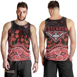 Essendon Bombers ANZAC Day Men Tank Top Indigenous Dot Art with Poppy Flower Tribute TS04