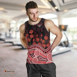 Essendon Bombers ANZAC Day Men Tank Top Indigenous Dot Art with Poppy Flower Tribute TS04
